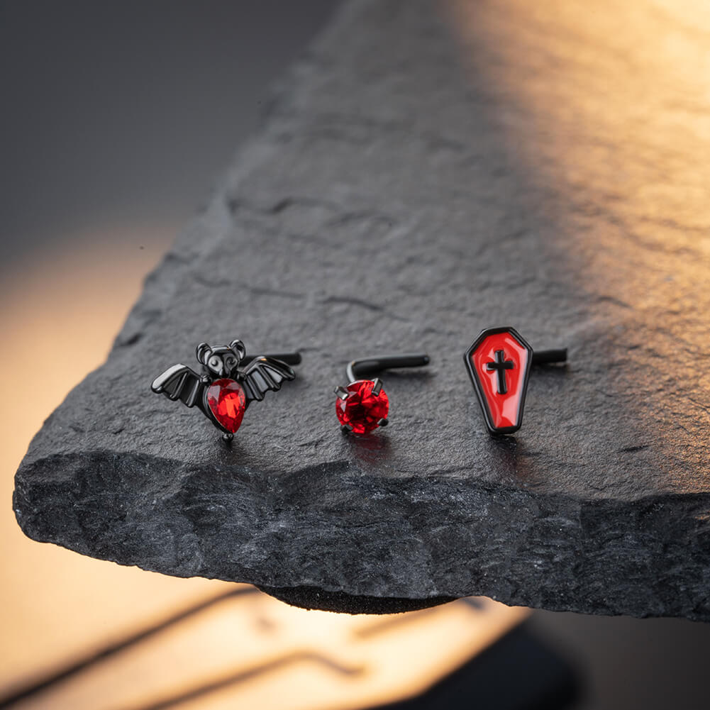 3PCS Coffin and Bat Halloween Nose Stud Set