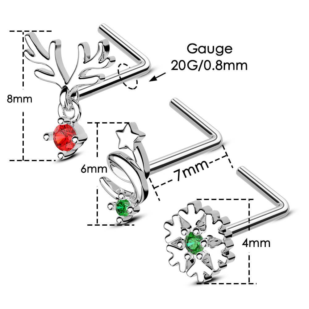 3PCS Reindeer/Star/Snowflake Christmas Nose Studs Pack