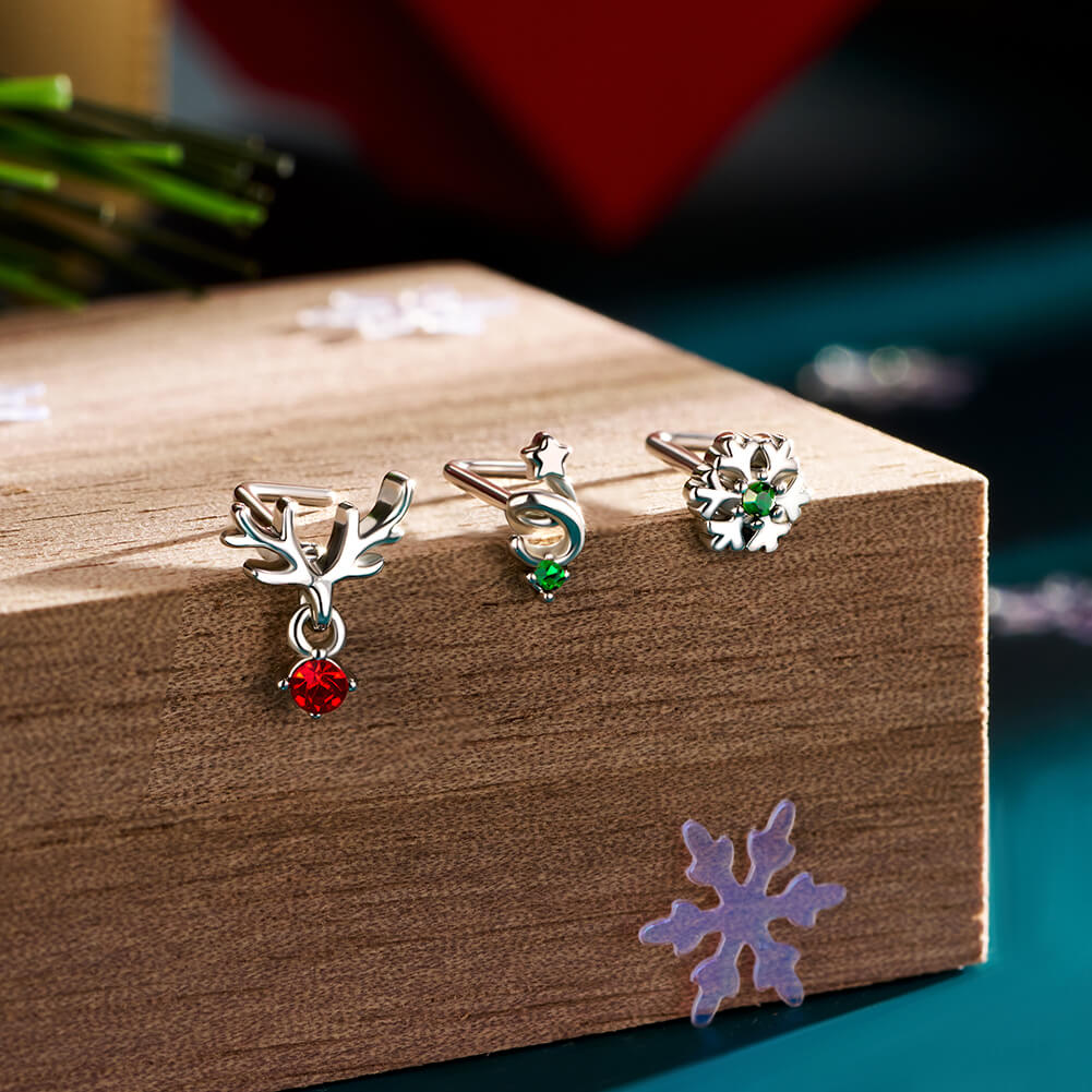 3PCS Reindeer/Star/Snowflake Christmas Nose Studs Pack