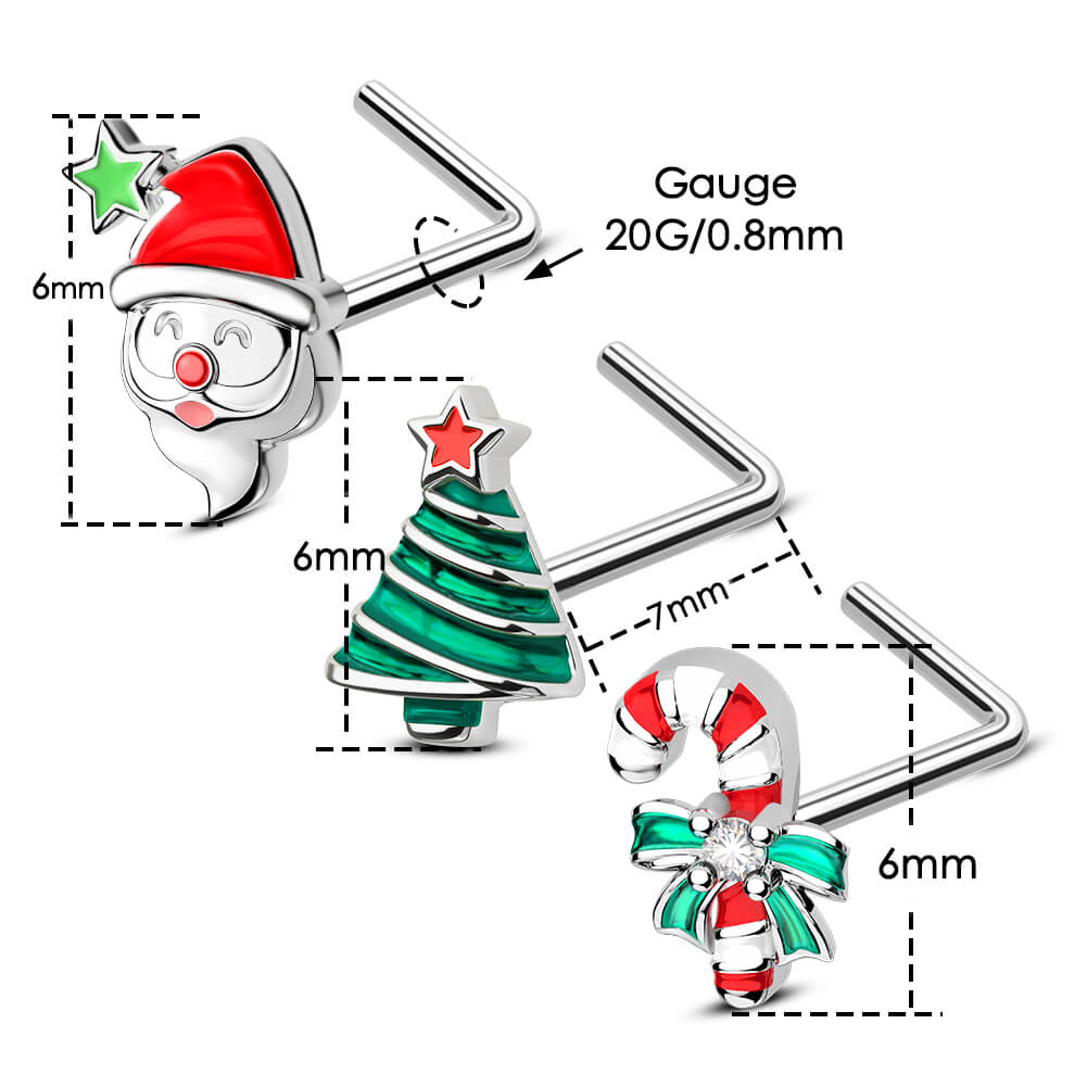 3PCS Christmas Santa/Tree/Candy Cane Nose Studs Pack