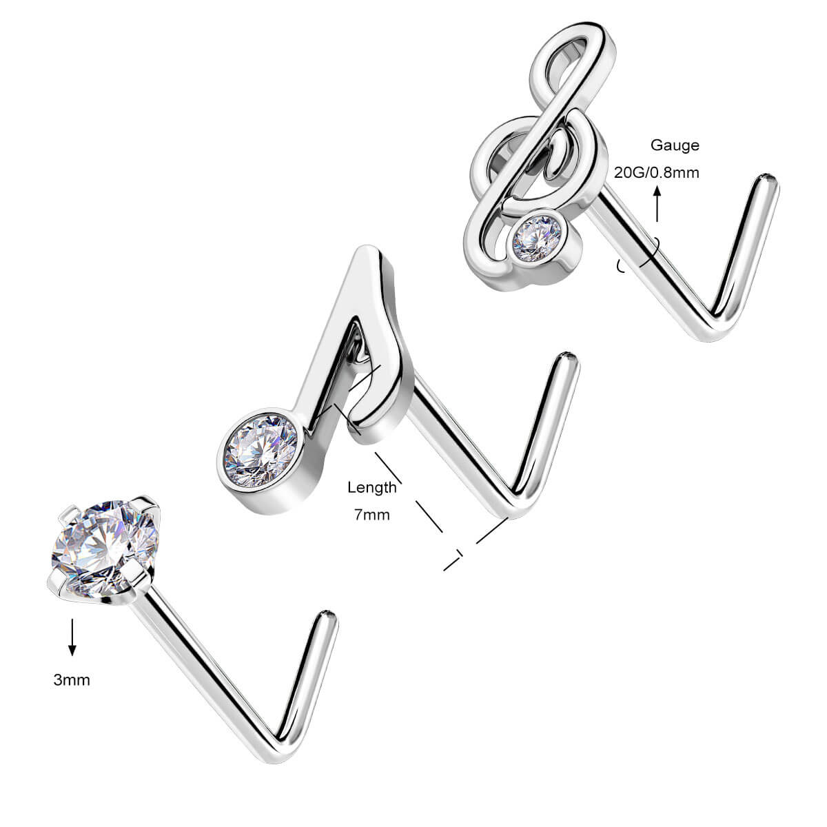 3PCS Music Note L-Shaped Nose Ring Set