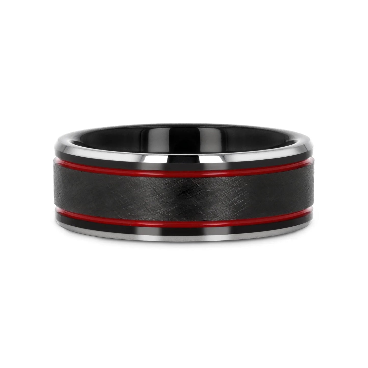 OLIS Wire Finish Black Tungsten Men’s Wedding Band with Double Red Stripes, Polished Beveled Edges – 8mm