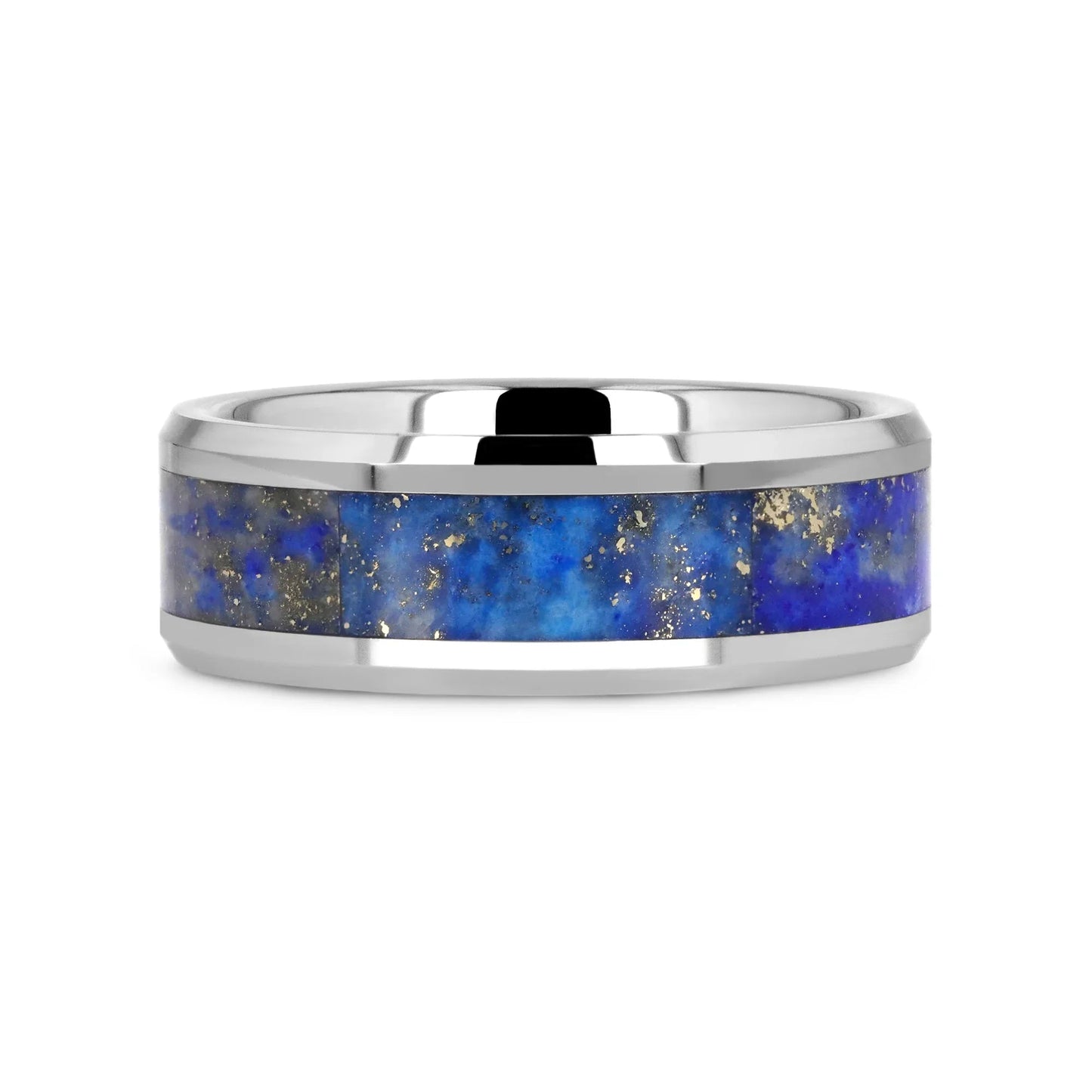 OSIAS Men’s Polished Tungsten Wedding Band with Blue Lapis Inlay & Beveled Edges - 8mm