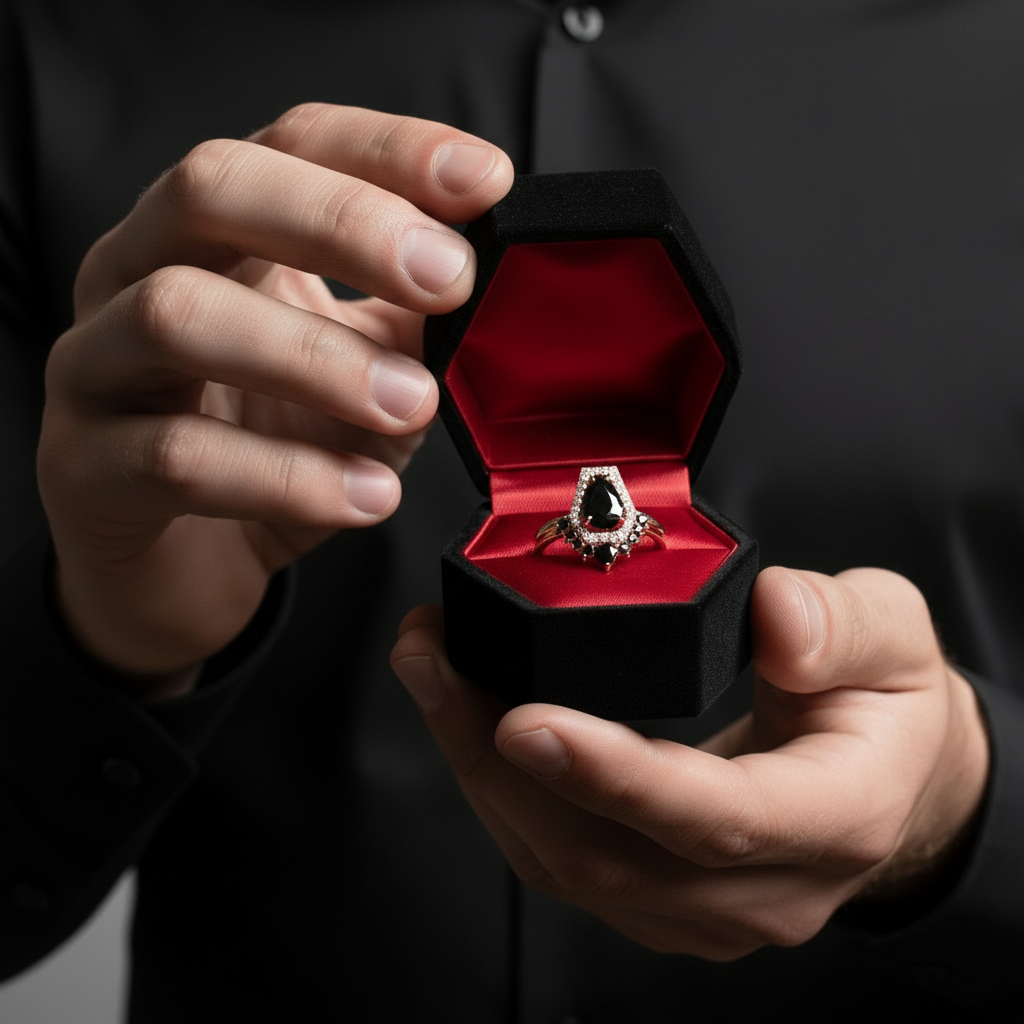 Faithfulness-1ct Black Pear Cut Diamond 14k White Gold Coffin Ring Set