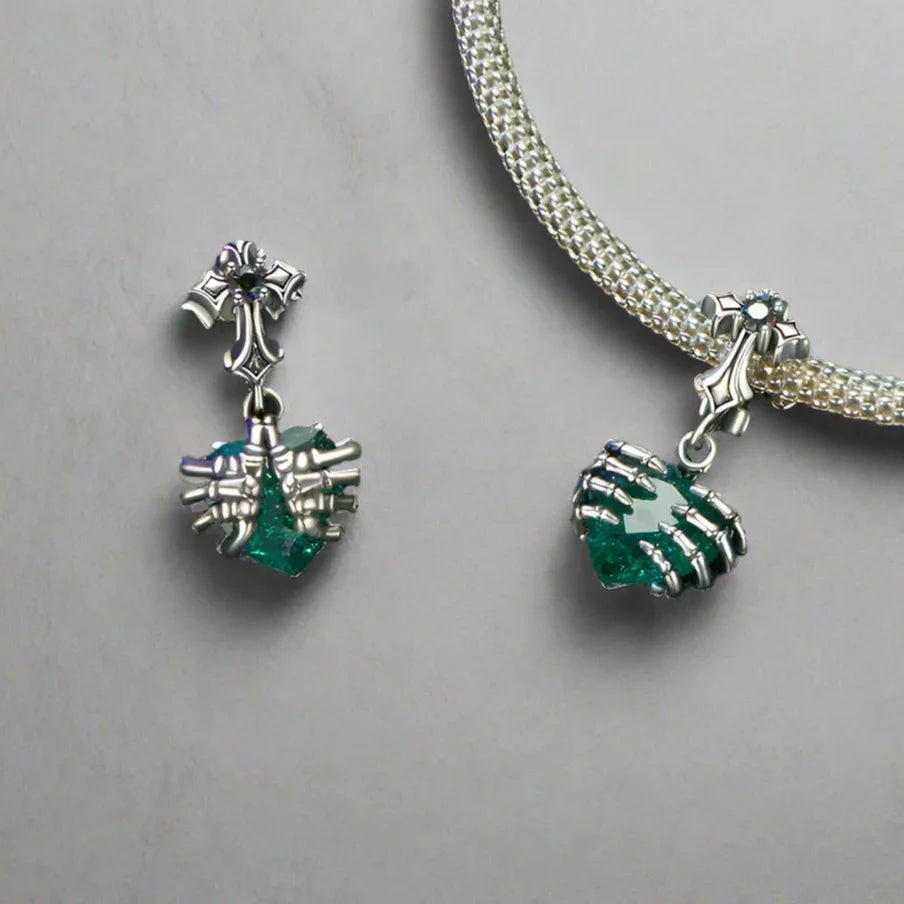 Cross and Skeleton Green Stone Gothic Charm