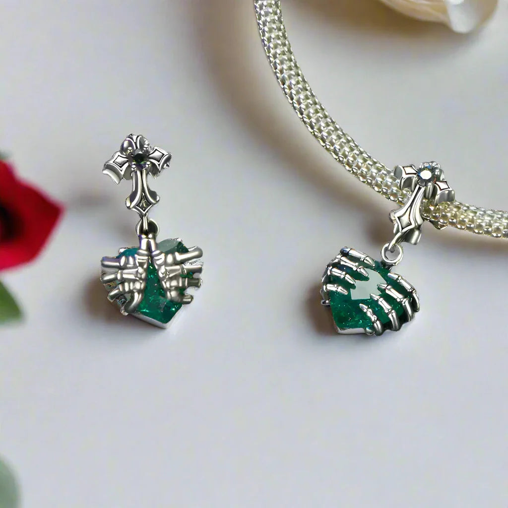 Cross and Skeleton Green Stone Gothic Charm