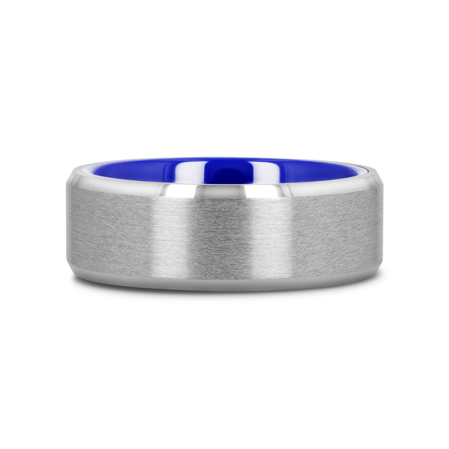 SIRIUS Flat Beveled-Edged Tungsten Ring with Brushed Center and Vibrant Blue Ceramic Inside - 8mm