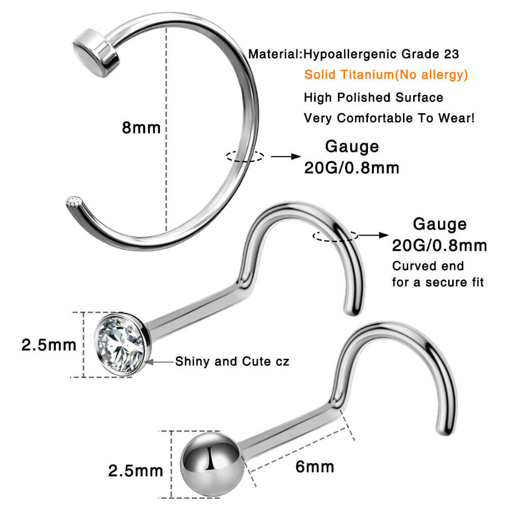 3PCS Titanium Screw Nose Stud Pack