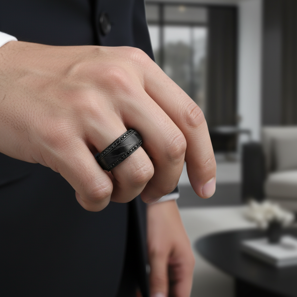 TROPHY Black Damascus Steel Inlaid Polished Black Titanium Men's Wedding Band With Black Sapphire Beveled Edges - 8mm