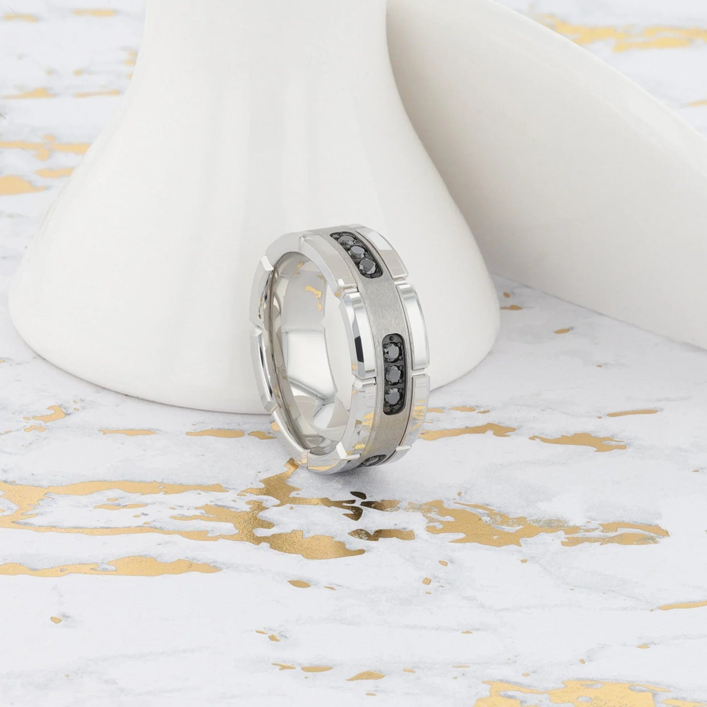 VALOR Grooved Tungsten Ring with Silver Inlay & Black Diamonds - 8mm