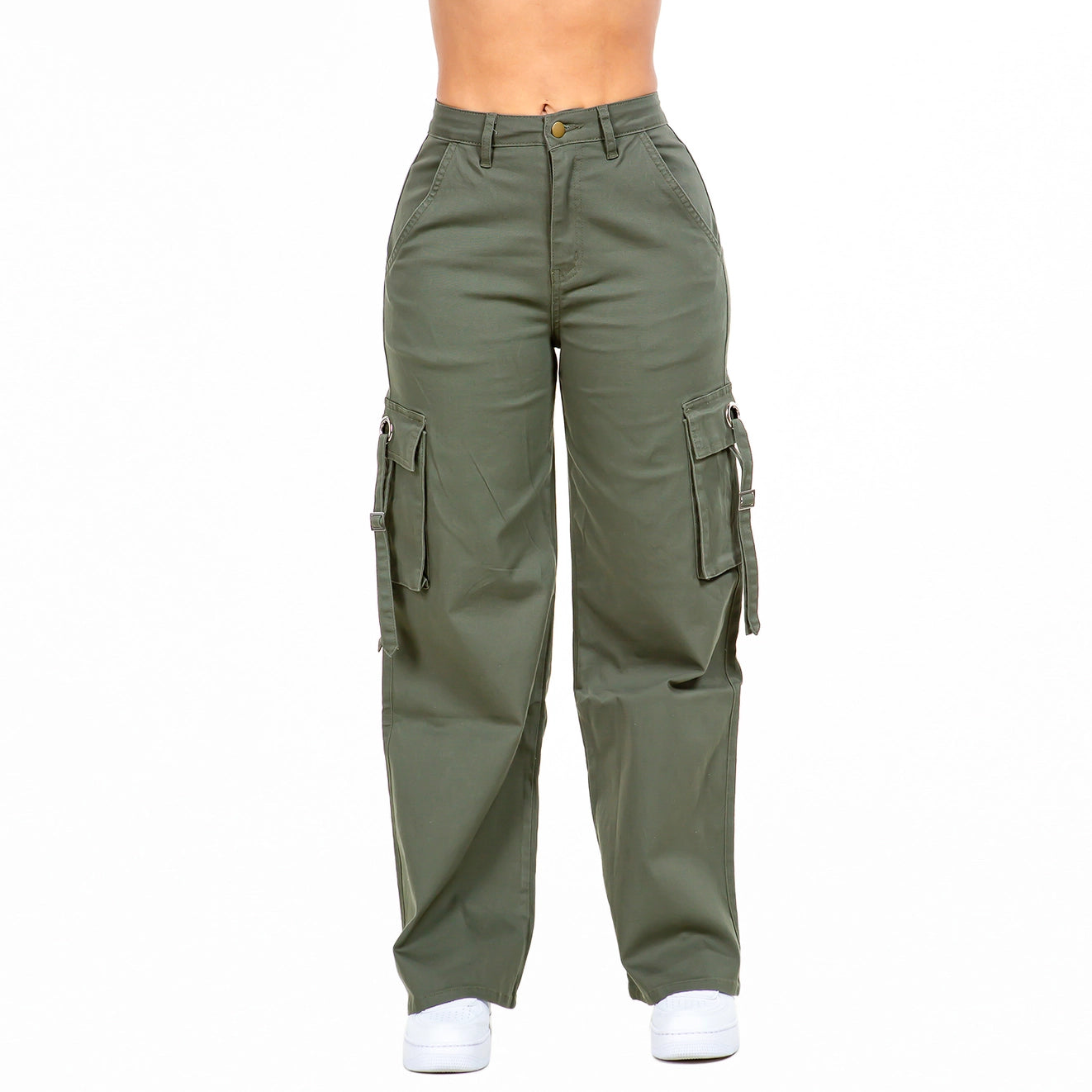 Pink, Olive and Black Cargo Pants, Wide-Leg, Trendy, Multiple Pockets, Tie Details, Casual