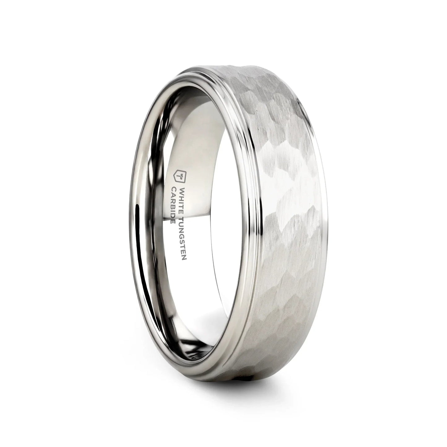 WINSTON White Tungsten Ring with Raised Hammered Finish and Polished Step Edges - 4mm - 10mm