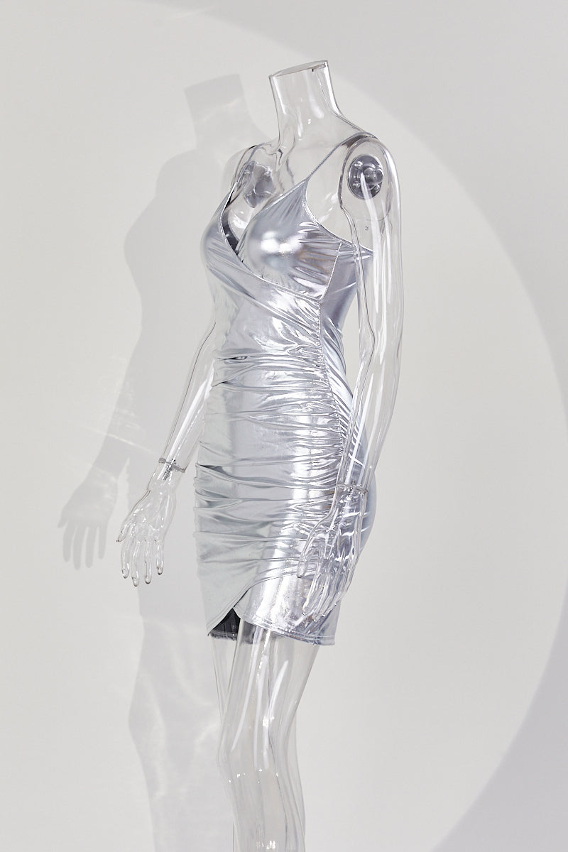 Sexy medium stretch solid color holographic sling tight shirring mini dress