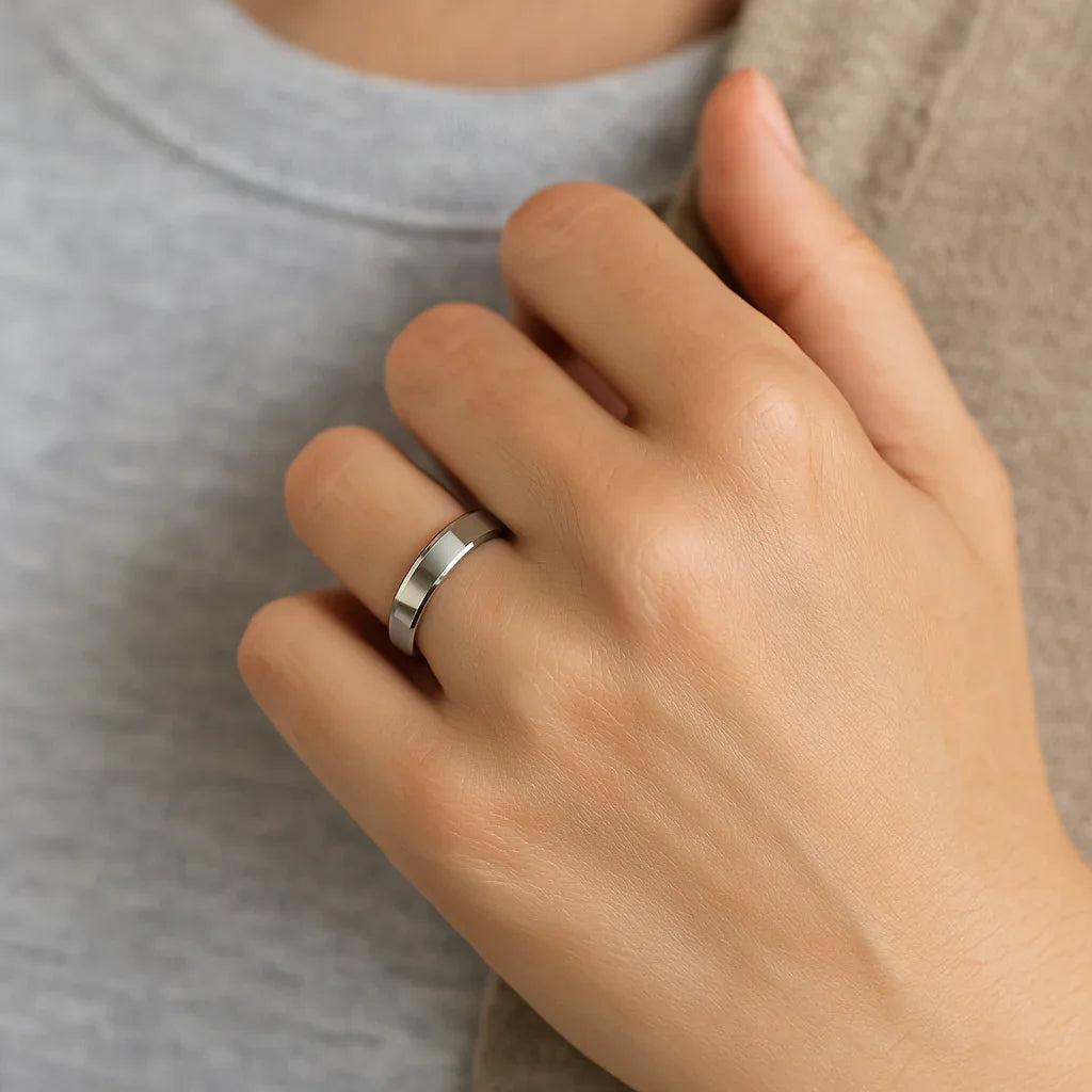 BELLISSIMA Ladies White Tungsten Wedding Band with Beveled Edges — 4mm–6mm