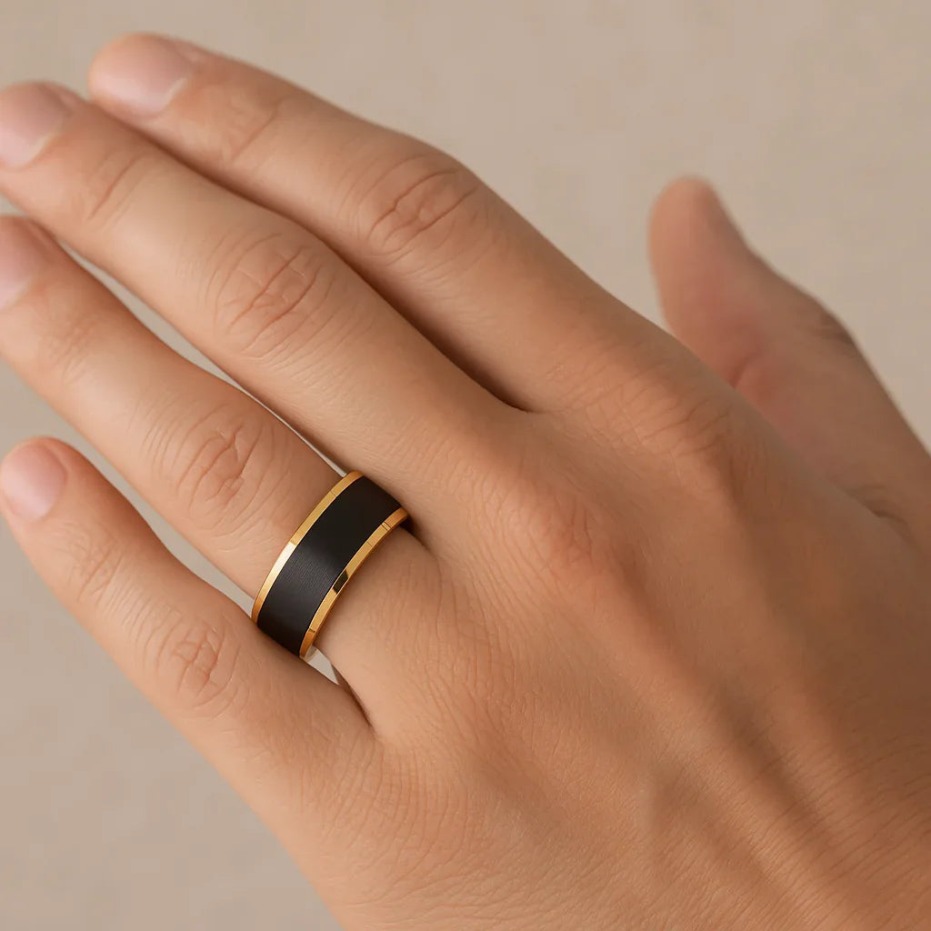 GASTON Gold-Plated Tungsten Beveled Ring with Brushed Black Center – 6mm or 8mm