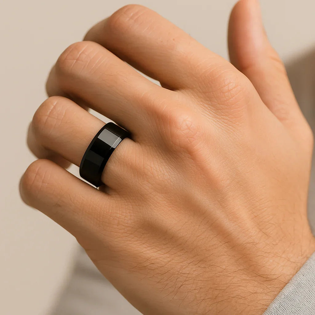 CITAR Polished Black Ceramic Ring with Beveled Edges — 10mm