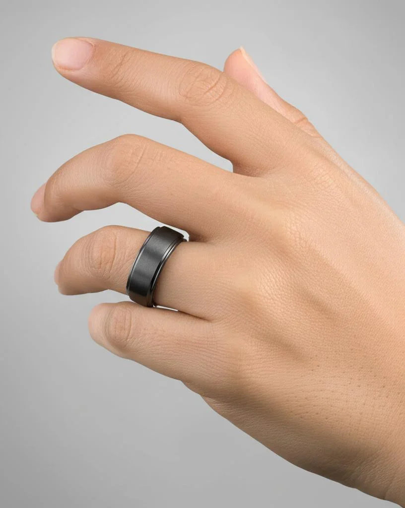 BABYLON Flat Black Titanium Ring with Brushed Raised Center & Polished Edges - 8mm