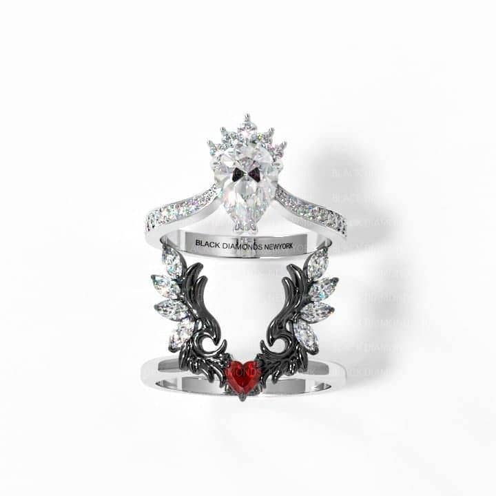 Angel's Wings- 14k White Gold Pear Cut and Red Heart Diamond Gothic Promise Ring
