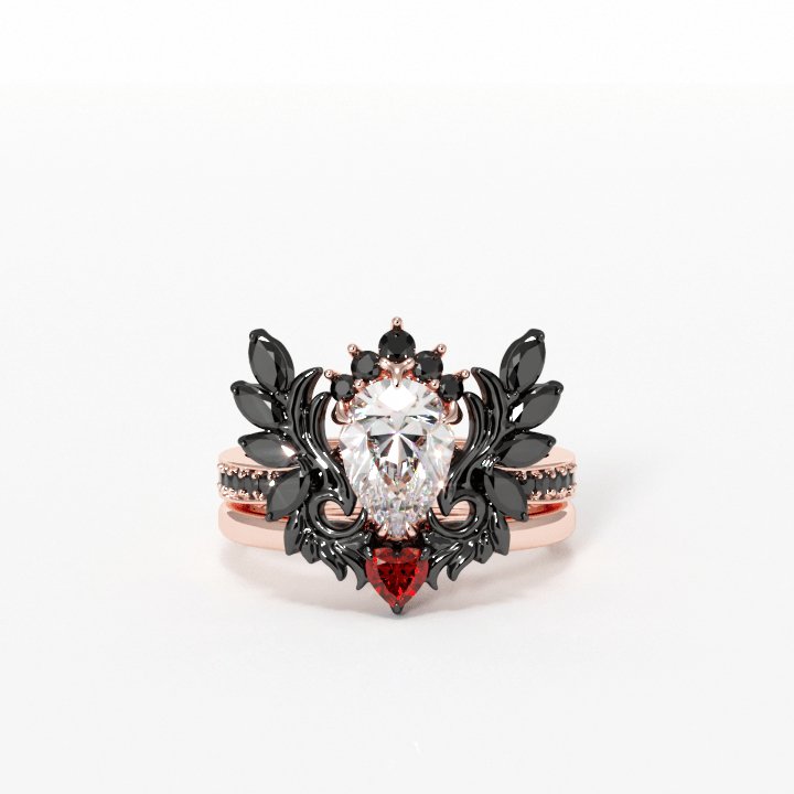 Angel's Wings- 14k White Gold Pear Cut and Red Heart Diamond Gothic Promise Ring