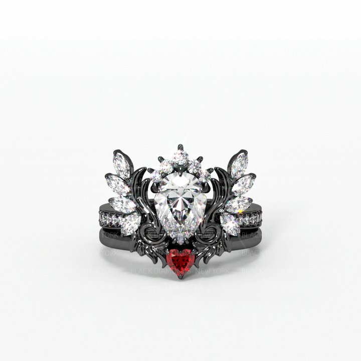 Angel's Wings- 14k White Gold Pear Cut and Red Heart Diamond Gothic Promise Ring