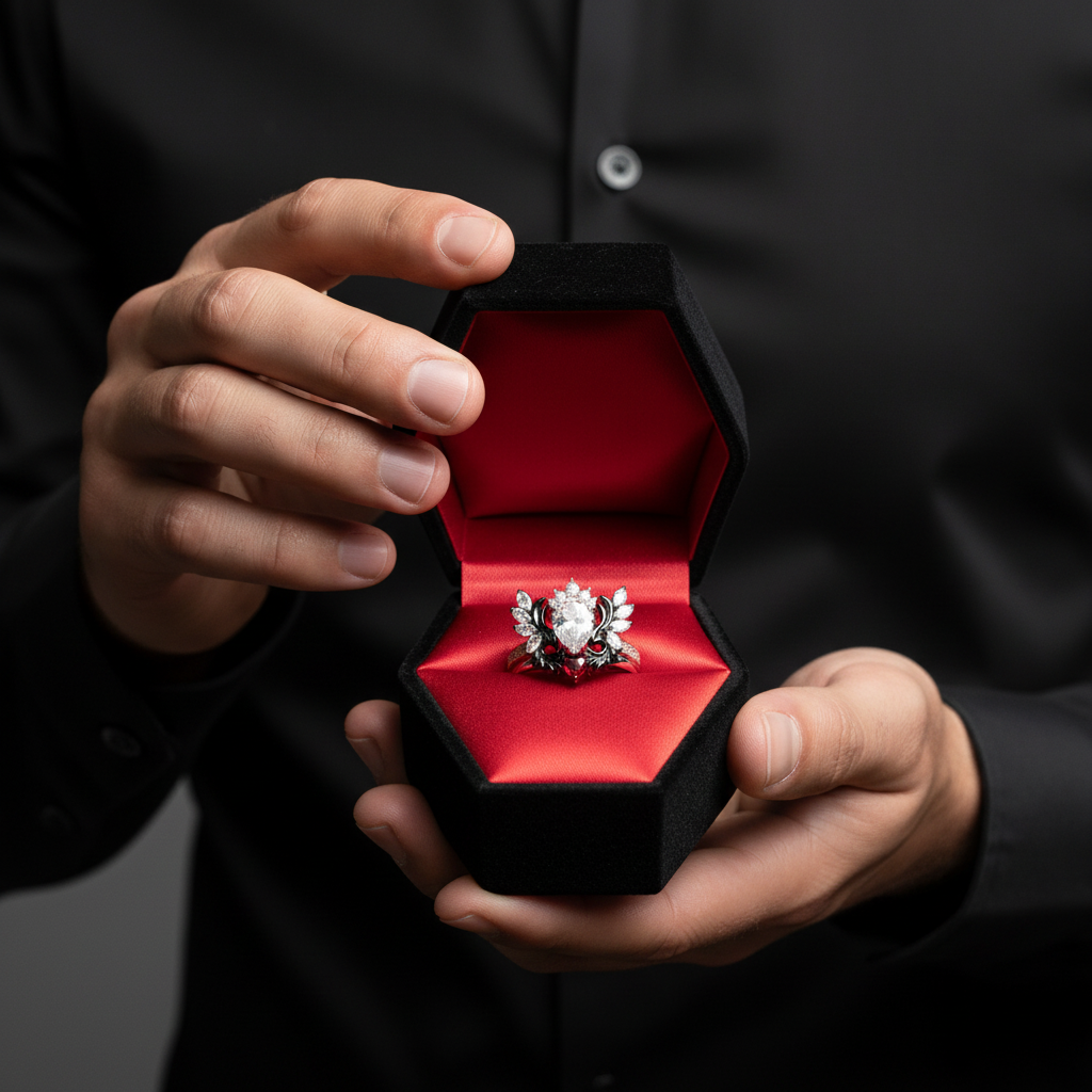 Angel's Wings- 14k White Gold Pear Cut and Red Heart Diamond Gothic Promise Ring