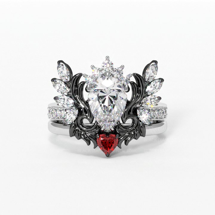 Angel's Wings- 14k White Gold Pear Cut and Red Heart Diamond Gothic Promise Ring
