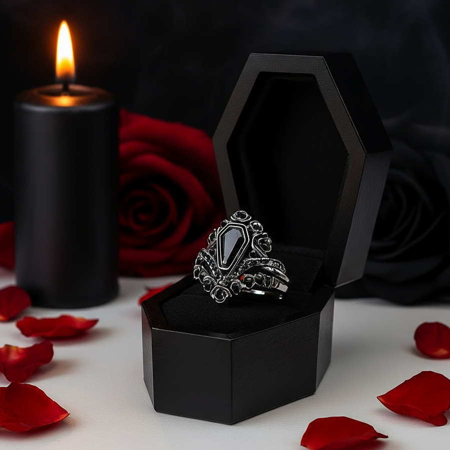 Gothic Romance Wedding Rings- Coffin Cut Diamond with Black Roses in 14k White Gold Band with Thorns