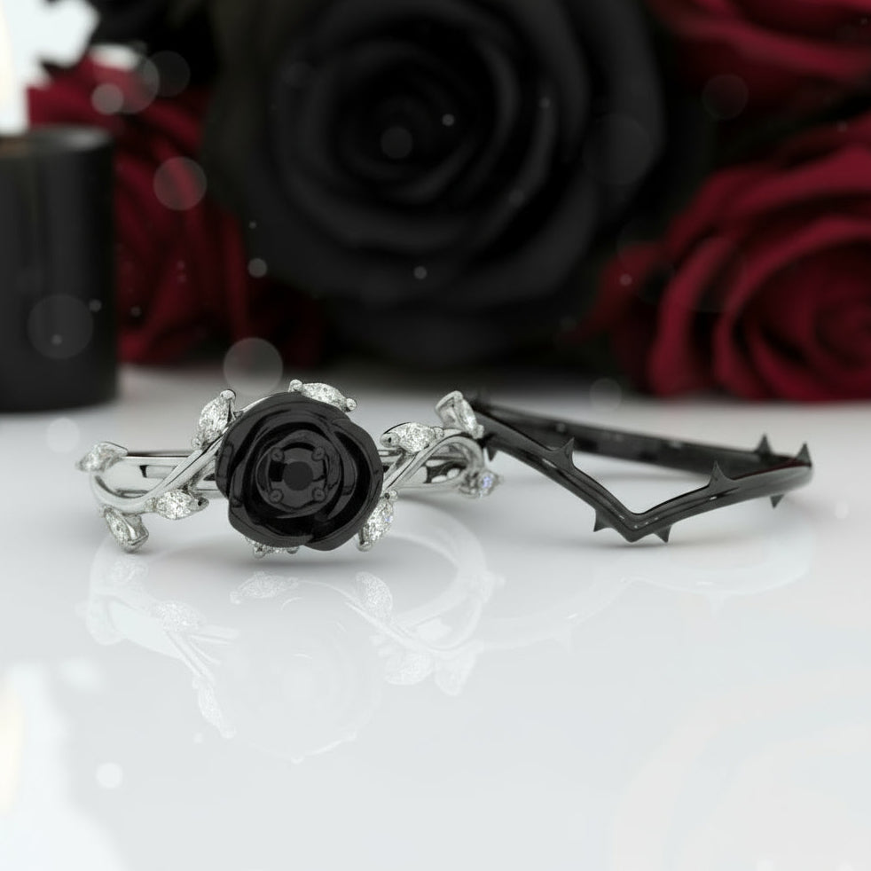 Black Rose- .50ct Round Cut Diamond 14k Gold Modern Goth Engagement Ring