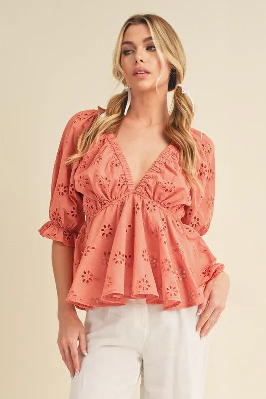 Aemi + Co Eyelet Embroidered V-Neck Peplum Blouse