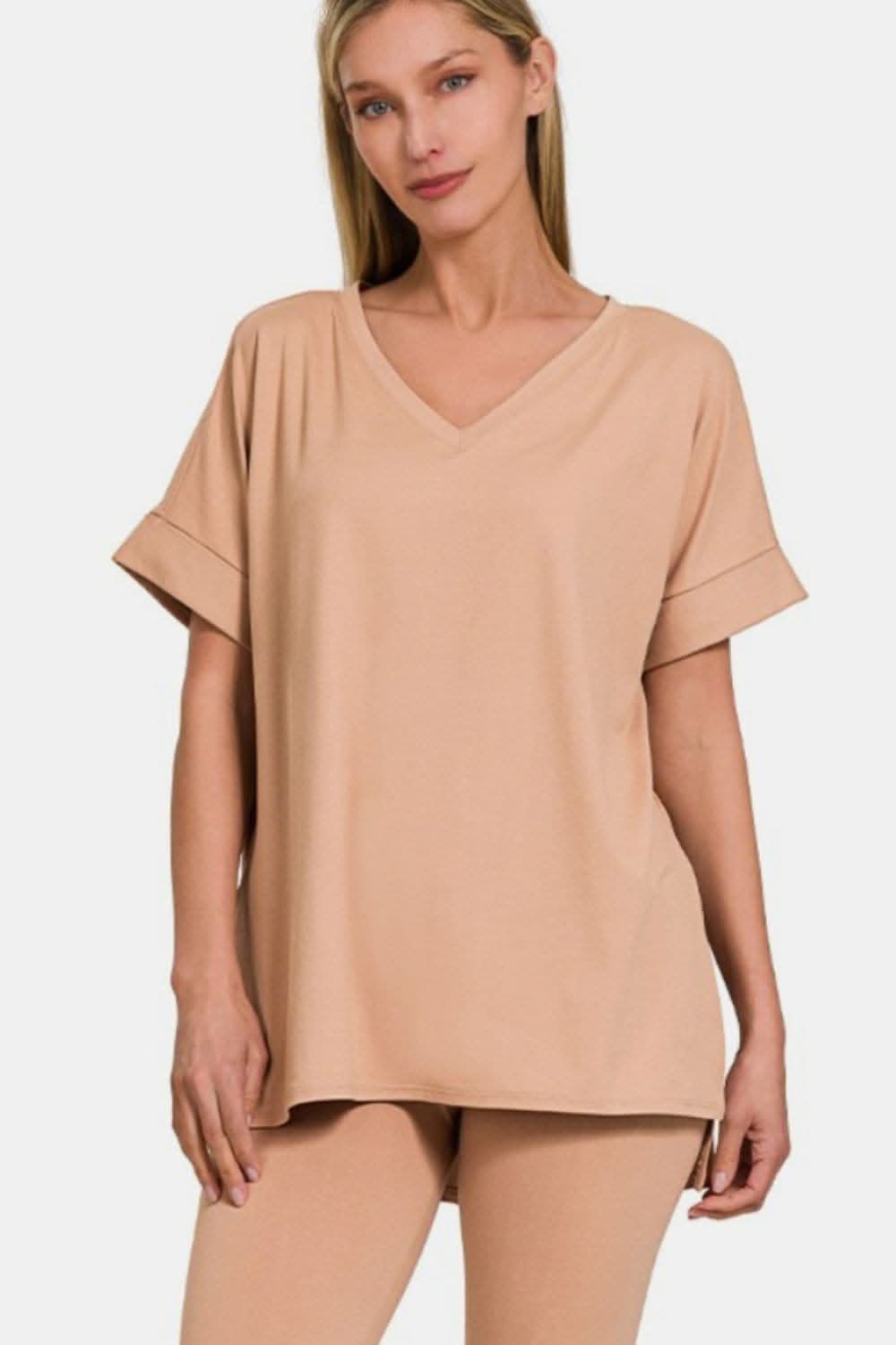 Zenana v-neck lounge set - full size