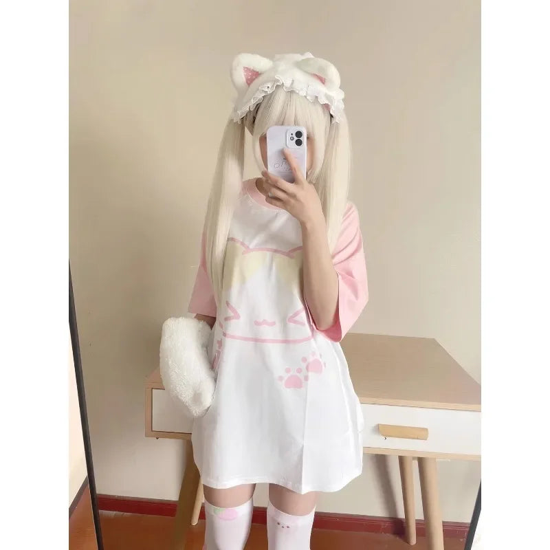 Kawaii Harajuku T-Shirt – Cute Cat Print Y2K Loose Tee