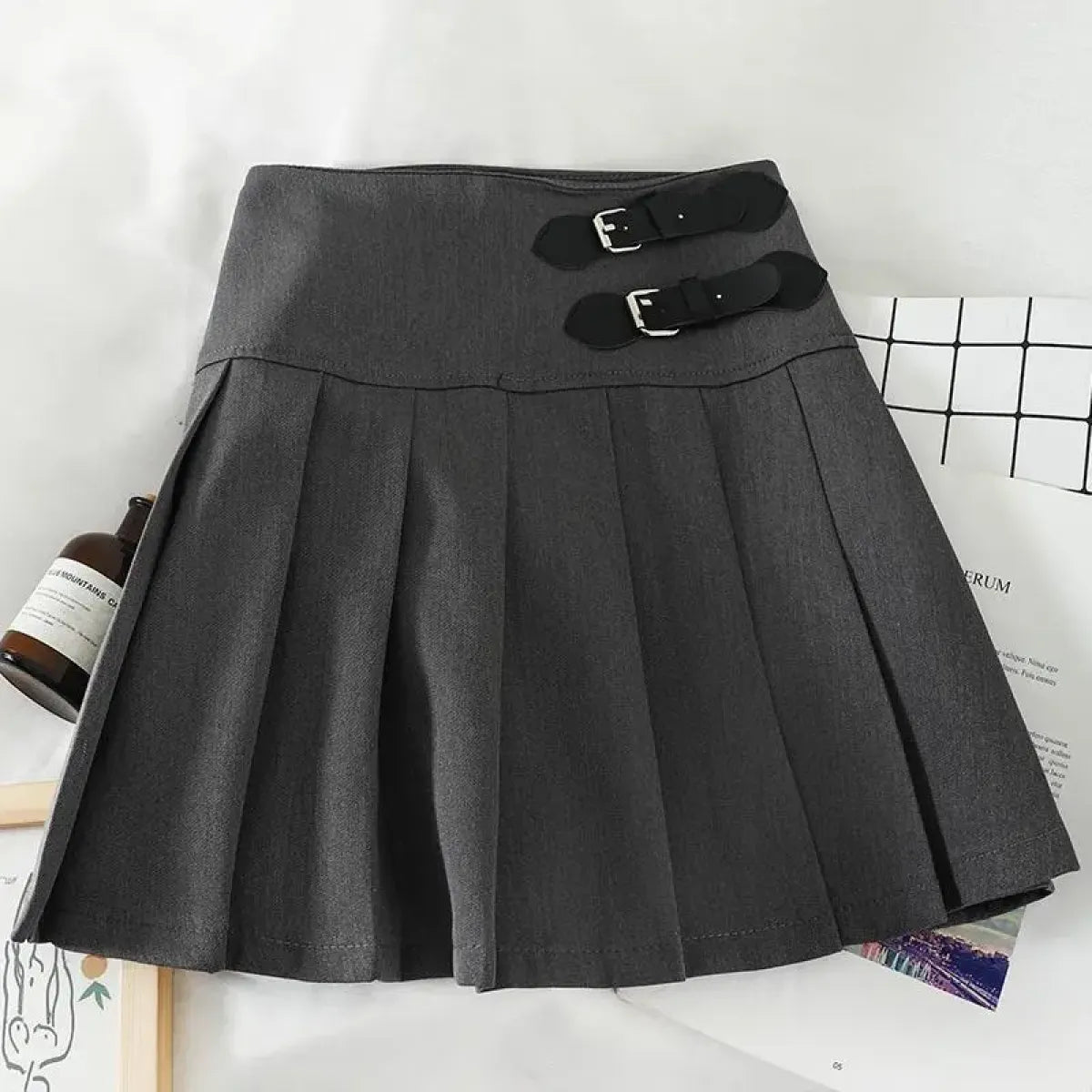 Harajuku Double Belt Pleated Tennis Skirt (Grey/Black)