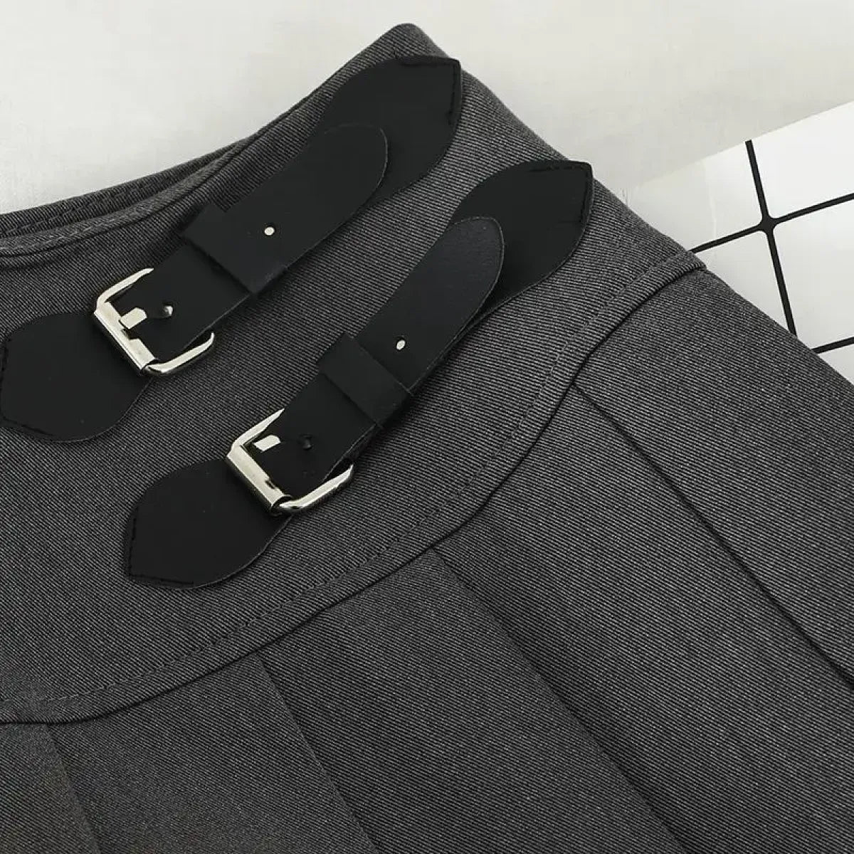 Harajuku Double Belt Pleated Tennis Skirt (Grey/Black)