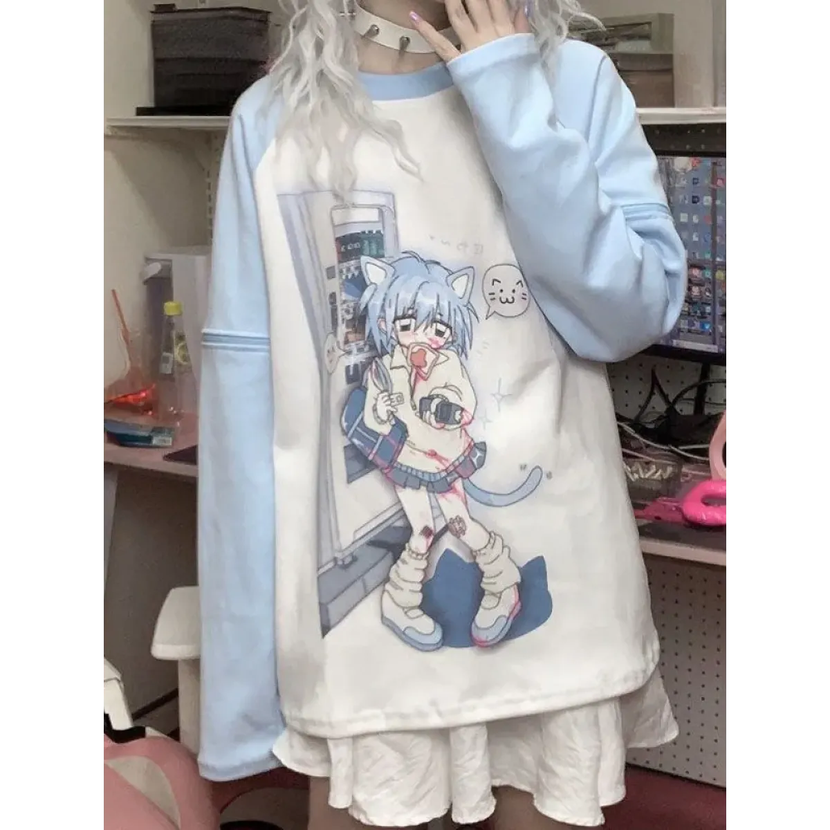 Dreamy Detachable Sleeve Tee โ Kawaii Cat & Anime Harajuku Style Top