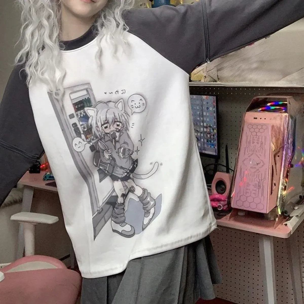 Dreamy Detachable Sleeve Tee โ Kawaii Cat & Anime Harajuku Style Top