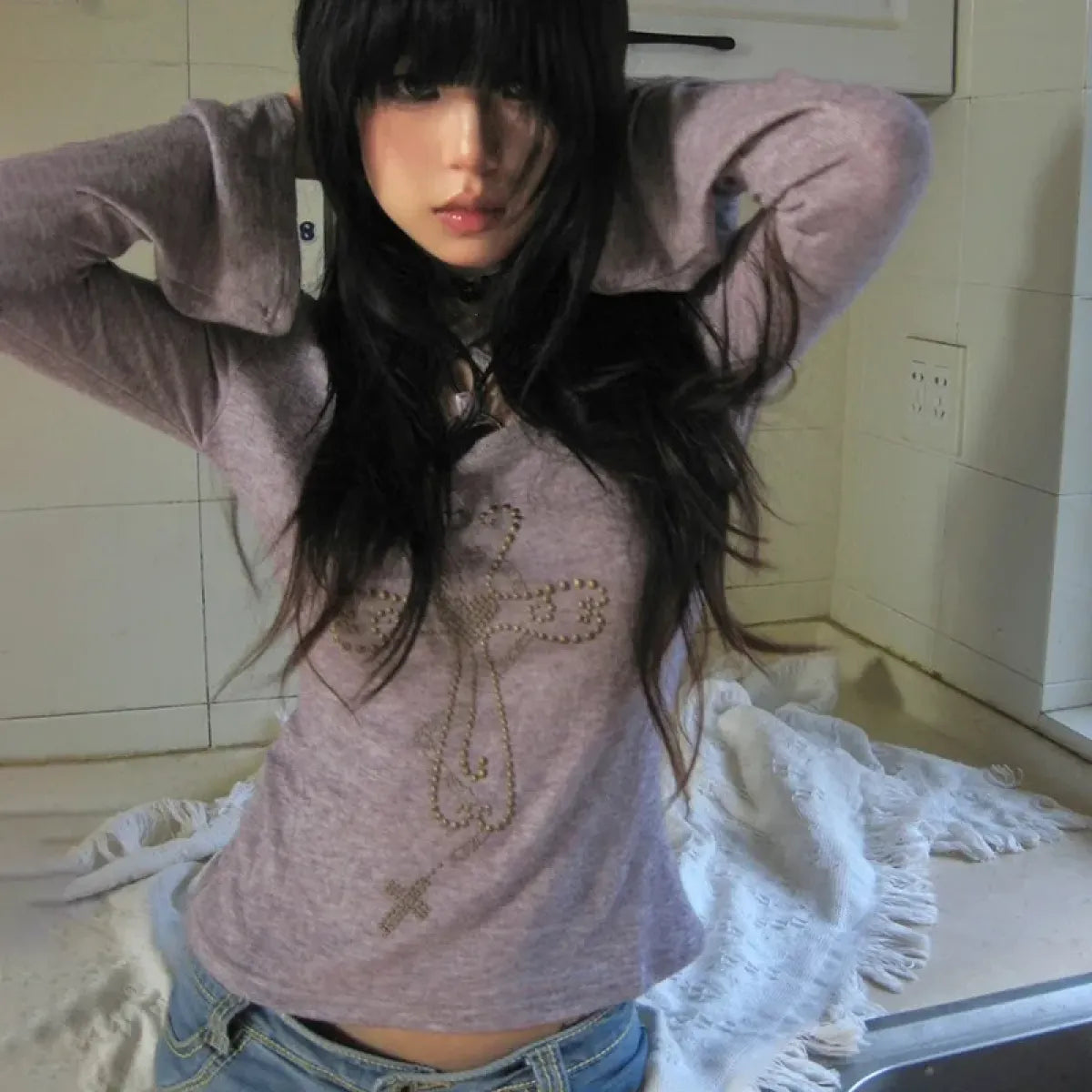 Embellished Cross Long Sleeve Tee β Spiritual Chic Top