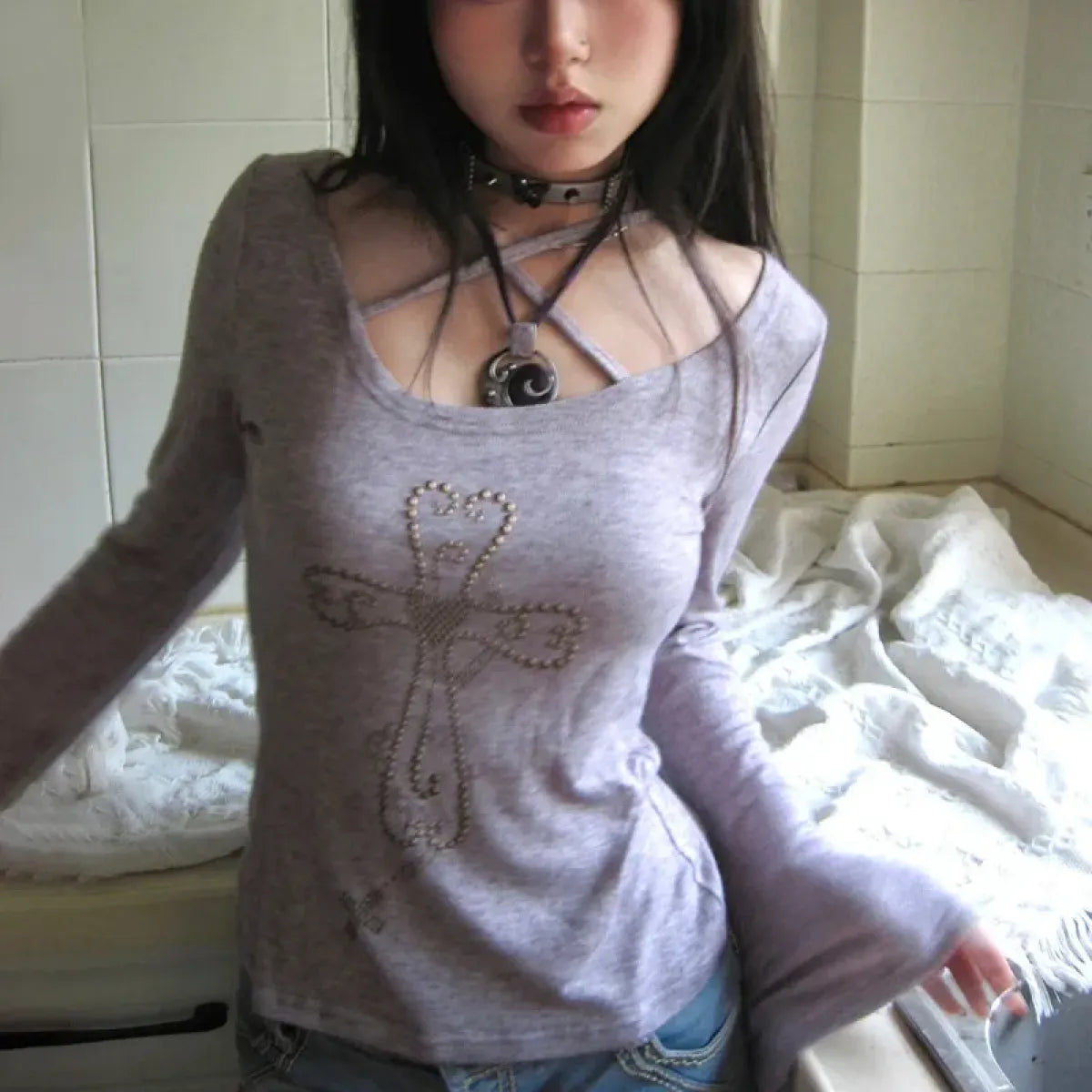 Embellished Cross Long Sleeve Tee β Spiritual Chic Top