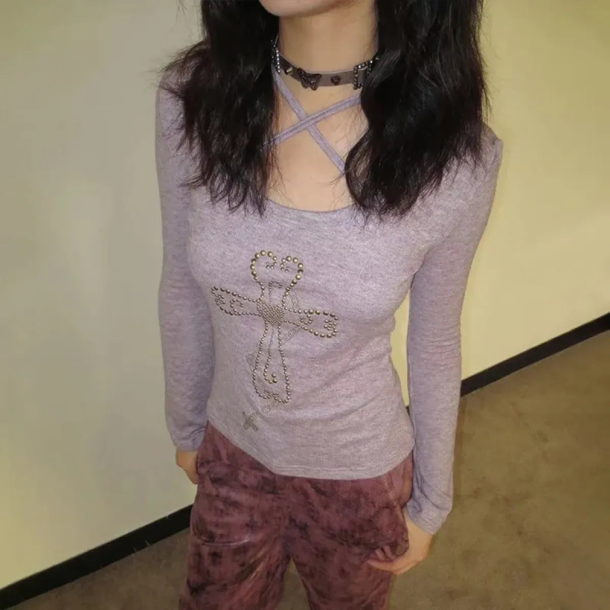 Embellished Cross Long Sleeve Tee β Spiritual Chic Top