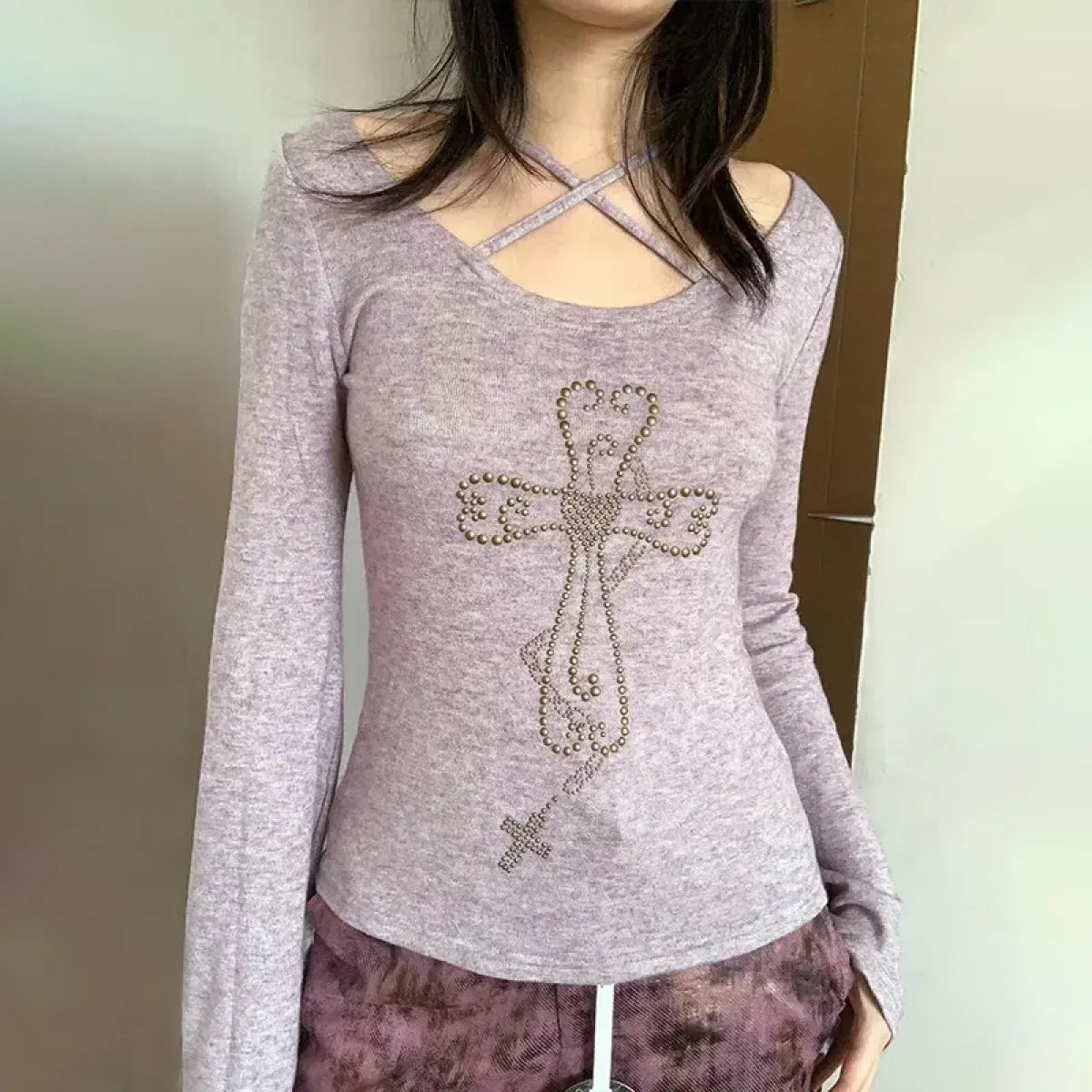 Embellished Cross Long Sleeve Tee β Spiritual Chic Top