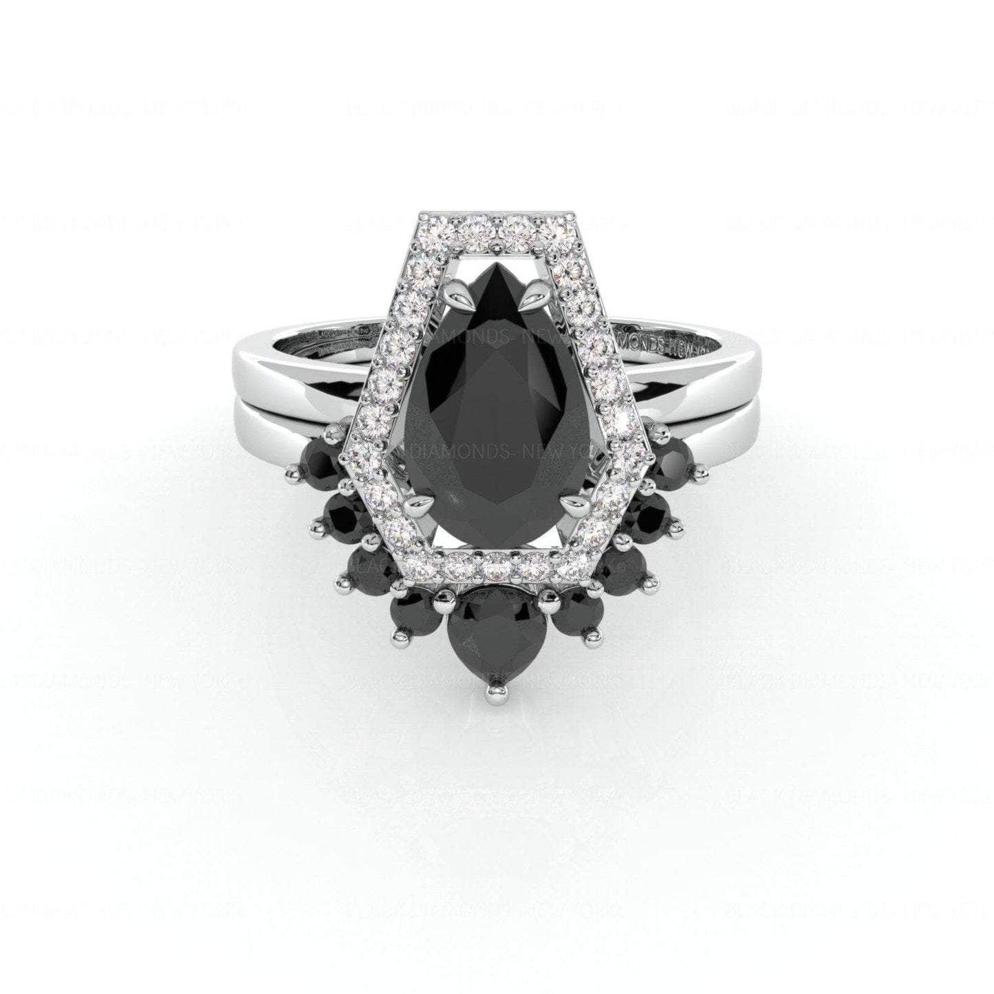 Faithfulness-1ct Black Pear Cut Diamond 14K White Gold Coffin Ring Set