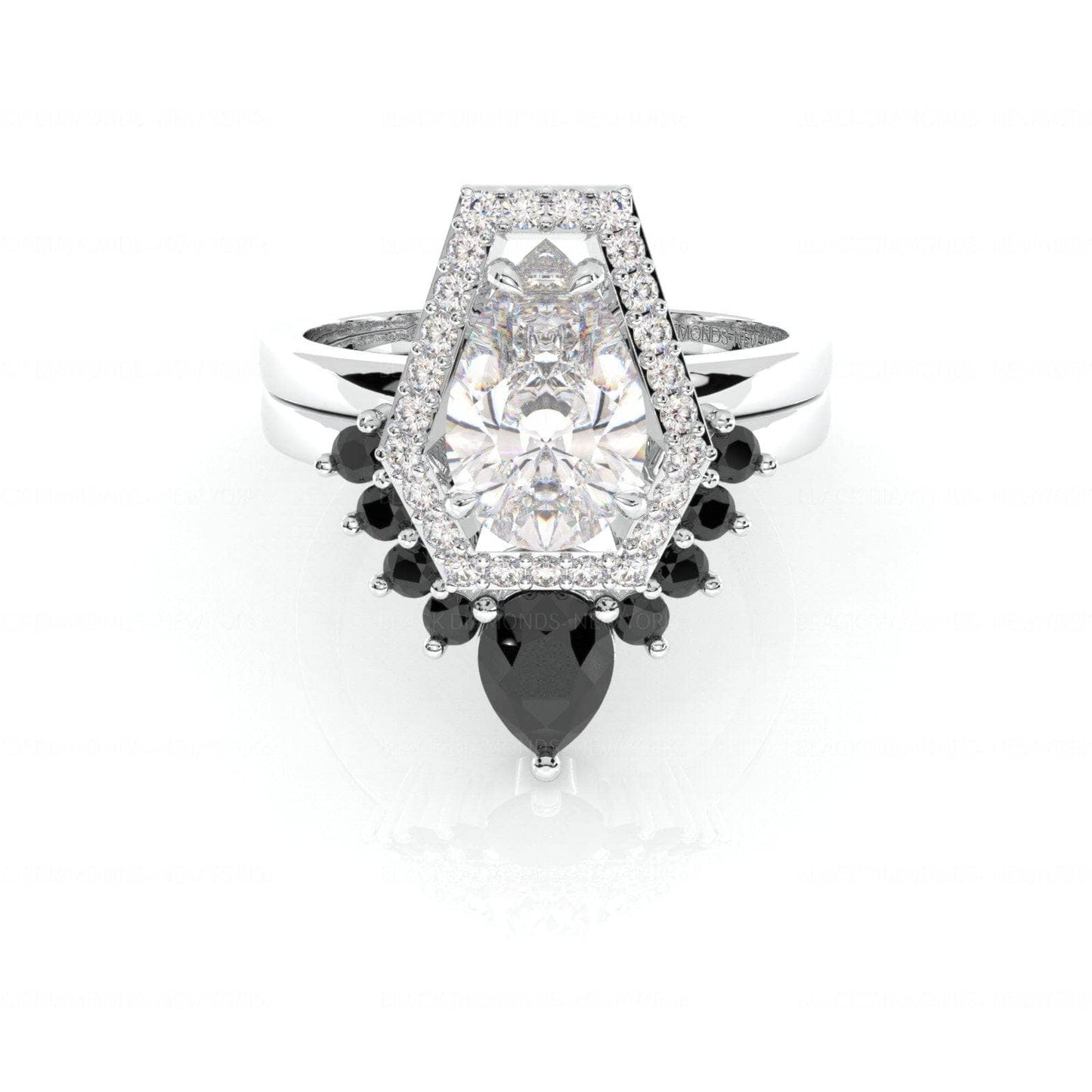Faithfulness-1ct Black Pear Cut Diamond 14K White Gold Coffin Ring Set
