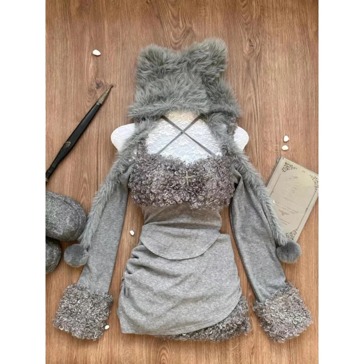 Furry Patchwork Halter Top & Ruched Skirt – Y2K Grunge