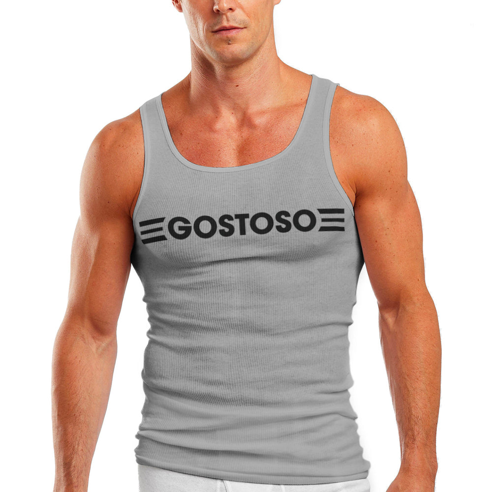 Gostoso Logotipo Stripes Print Ribbed Tank Top in Light Gray & Black - Men's Tank Tops - CLEARANCE / FINAL SALES