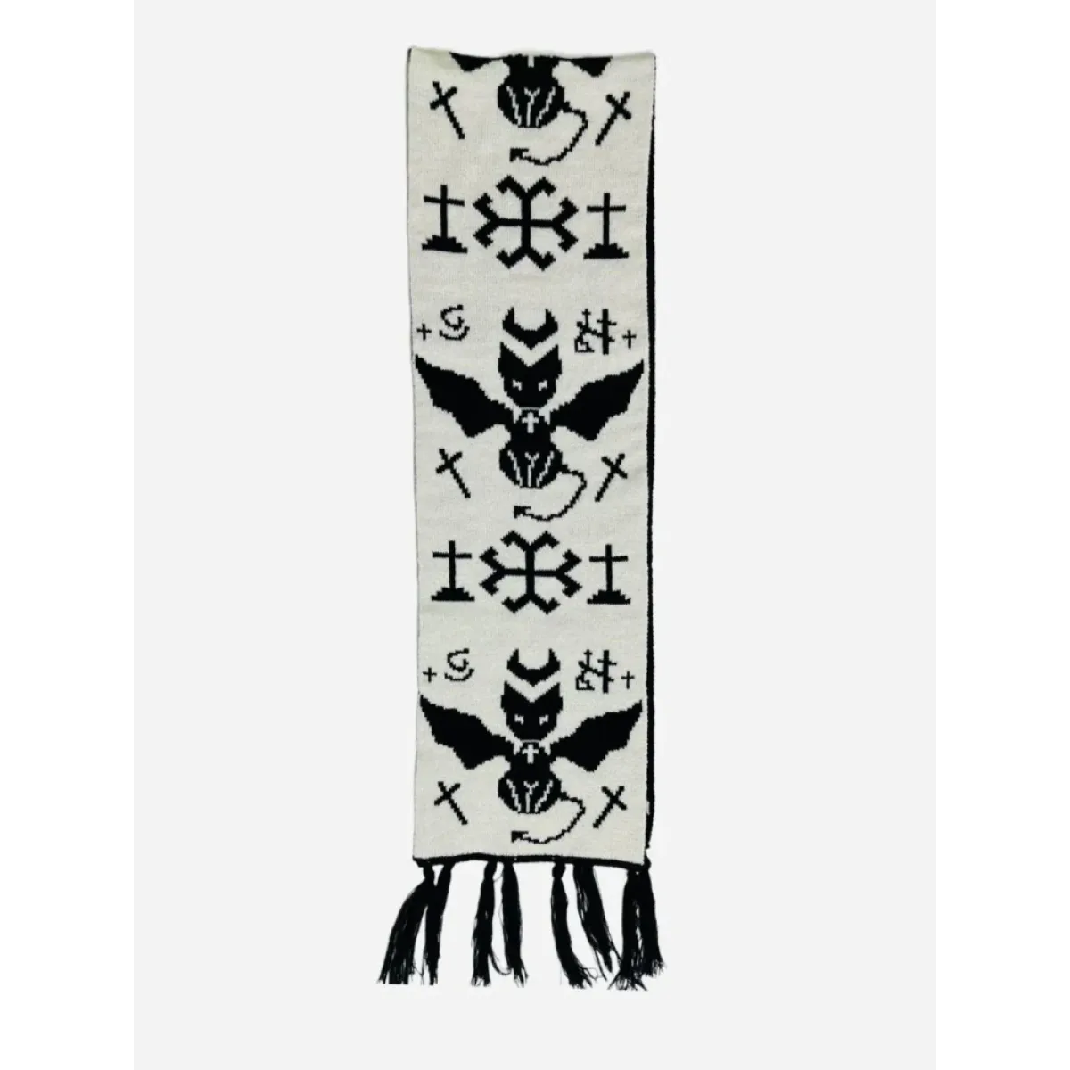 Black & White Y2K Harajuku Scarf โ Gothic Cat Print with Tassels