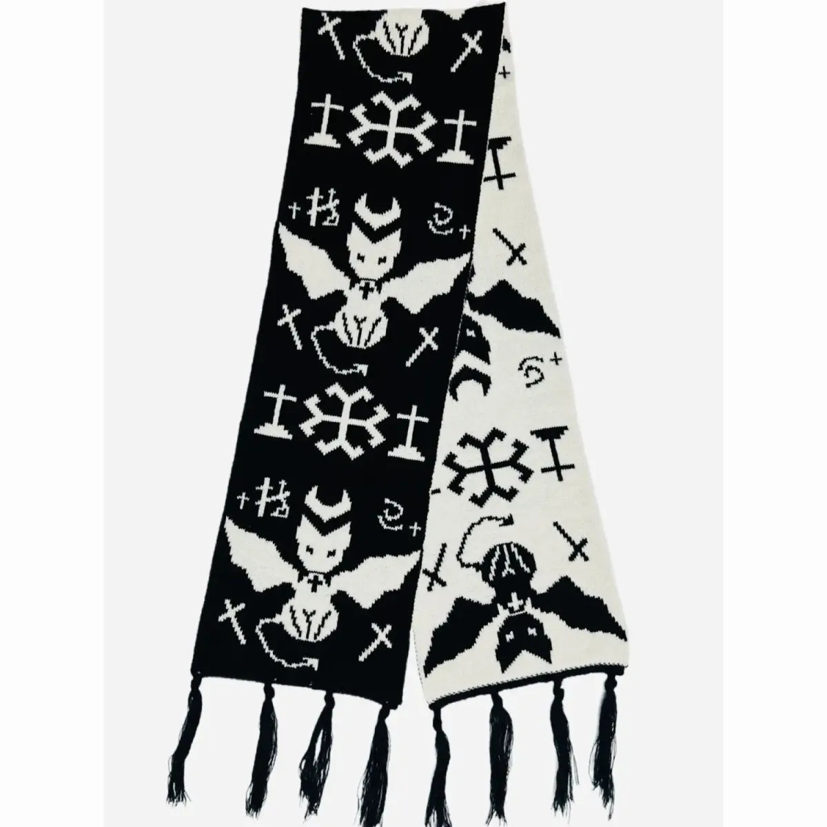 Black & White Y2K Harajuku Scarf โ Gothic Cat Print with Tassels