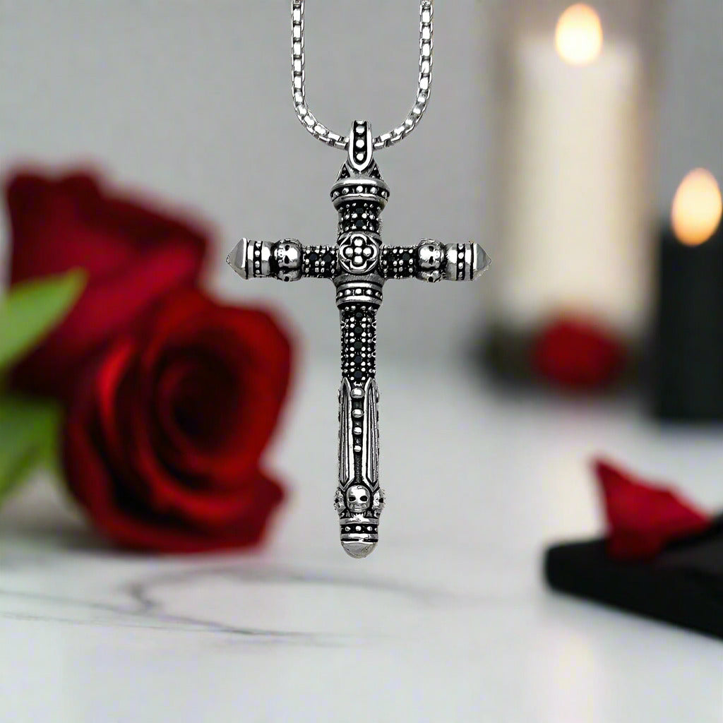 Gothic Cross Pave Diamond Sword Necklace