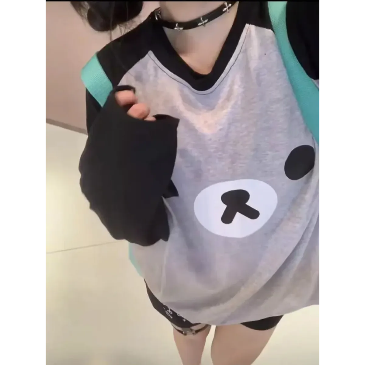 Gray Kawaii Bear Oversized T-Shirt – Harajuku Long Sleeve Top Y2K Style