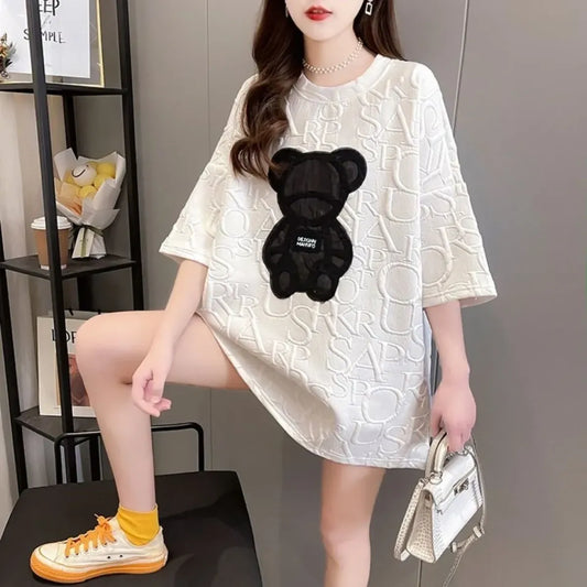 Harajuku Bear Jacquard T-shirt - Plus Size Loose Summer Tee