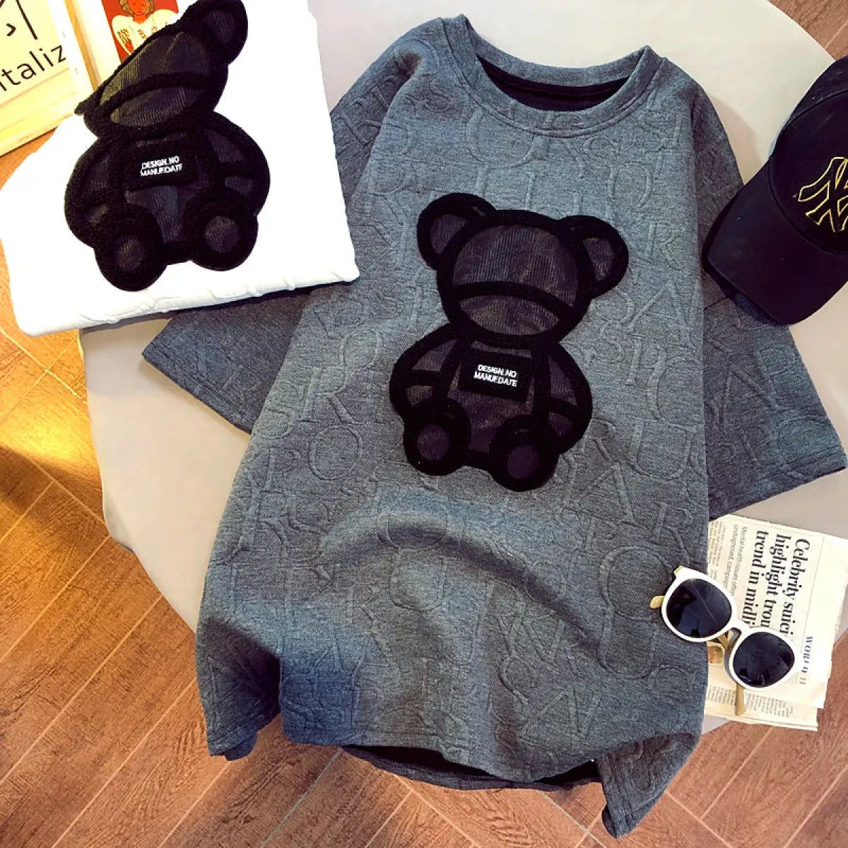Harajuku Bear Jacquard T-shirt - Plus Size Loose Summer Tee