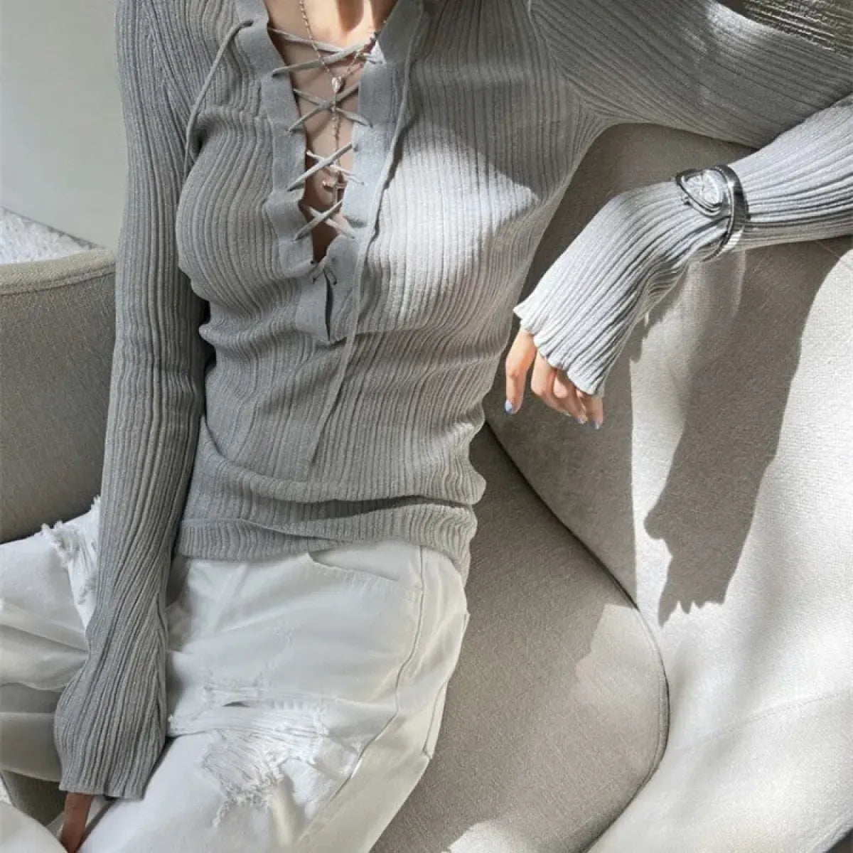 Glitter Lace-Up V-Neck Top – Y2K E-Girl Harajuku Knit Pullover